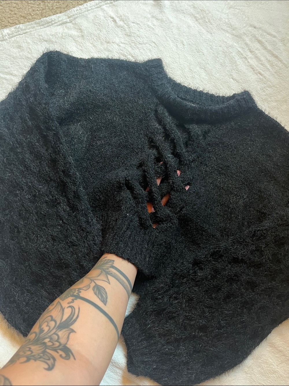 Fashion Nova Black Fuzzy Crewneck Sweater with Front Ladder Cutouts